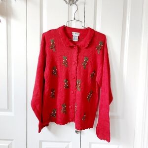 The Bells On Christmas‎ Day Cardigan Sweater Beaded Vintage Petite Large